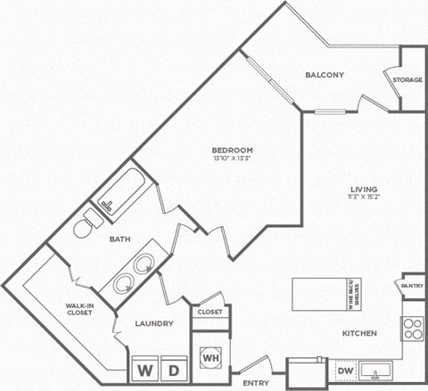 Floor plan for 1 bed, 1 bath, 805 sqft